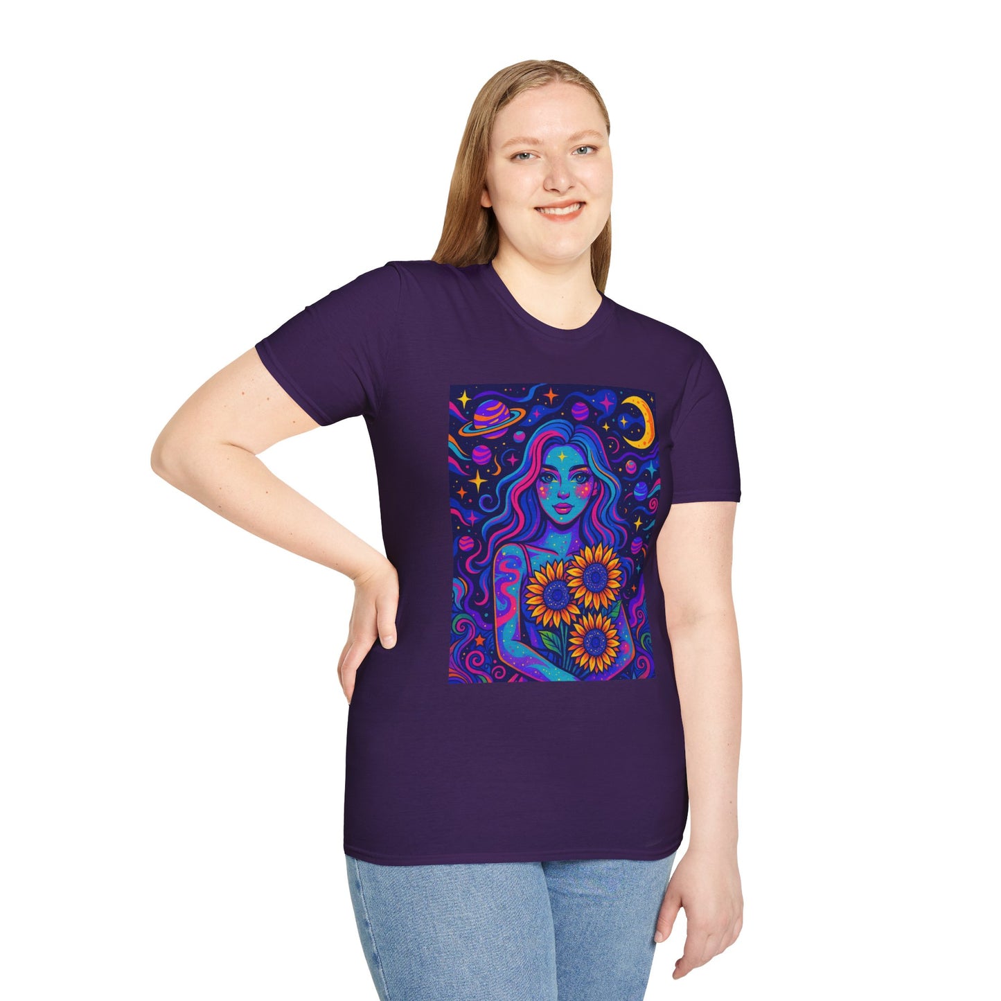 Psychedelic Sunflower Girl Shirt Trippy Space Goddess Tee Gift for Astrology Lovers Cosmic Art T Shirt for Hippies Star Gazers and Moon Magic Fans