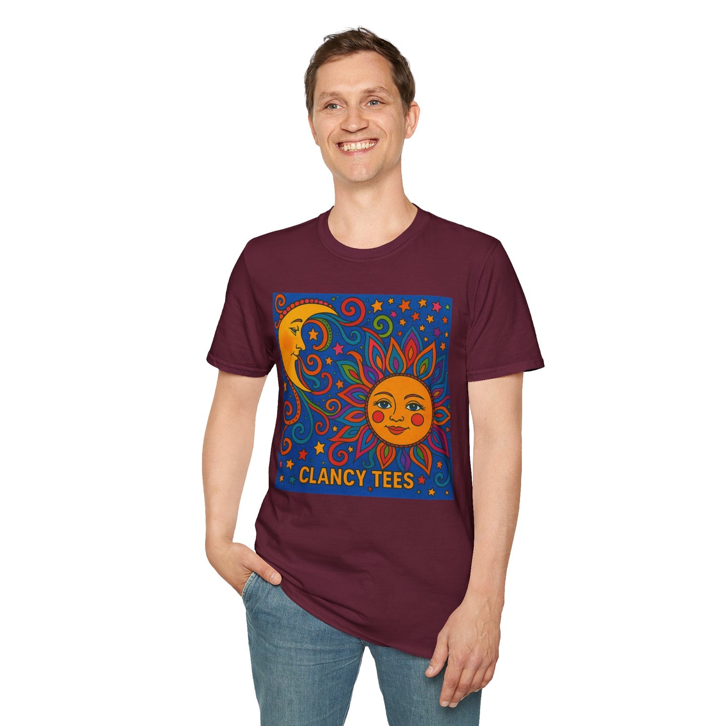 Sun and Moon Vibrant Tee, Unisex Softstyle T-Shirt for Summer Vibes, Boho Fashion, Gift for Her, Festival Wear, Casual Wear