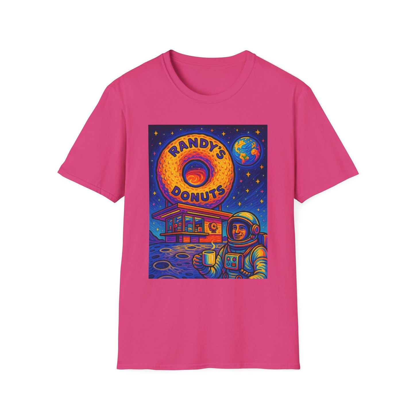 Space Donut T-Shirt – Retro Sci-Fi Astronaut Holding Coffee on the Moon – Gift for Foodies, Dreamers, and Outer Space Humor Fans