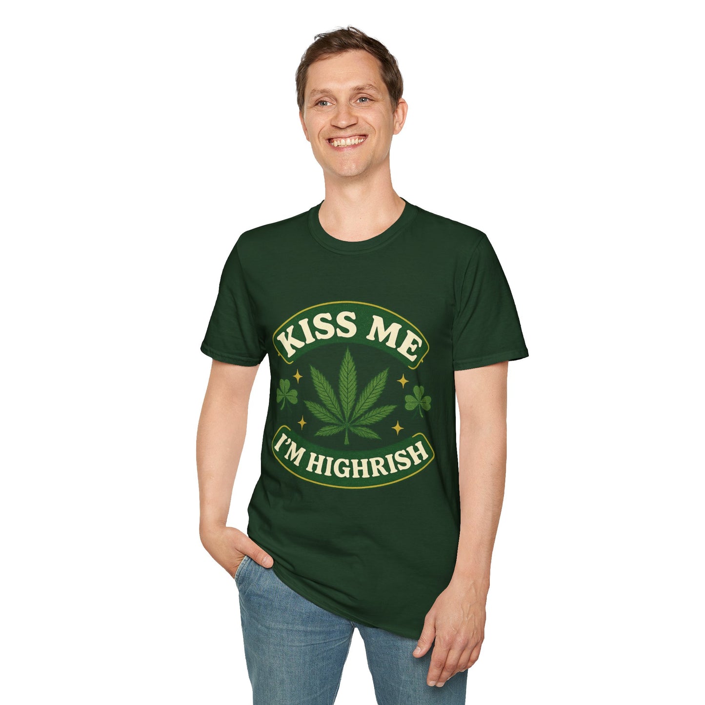 Kiss Me I’m Highrish Shirt – Funny Weed St. Patrick’s Day Tee – Cannabis Leaf Irish Parody Shirt – Gift for Stoner Friends and Green Beer Fans