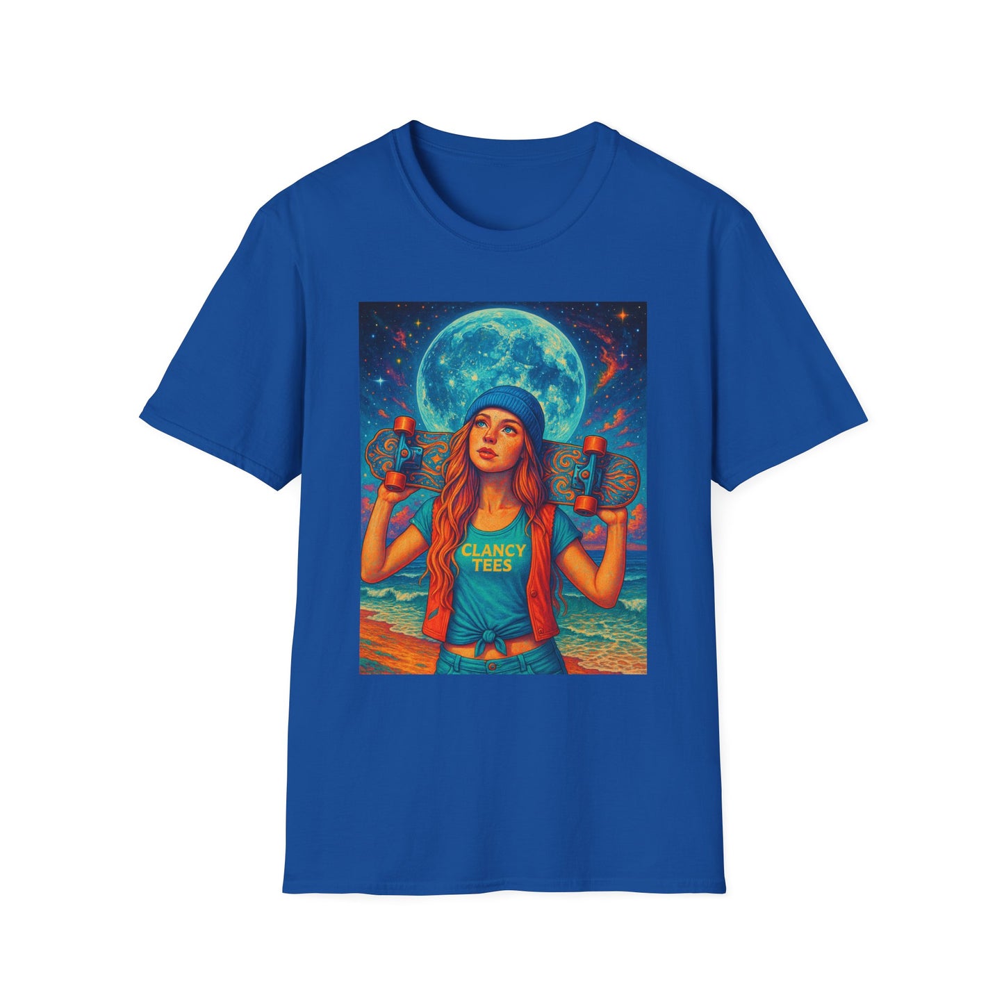 Bohemian Skater Girl Graphic Tee, Unisex T-Shirt with Moon & Nature Design, Perfect for Festivals, Gift for Nature Lovers, Summer Vibes, Casual Wear