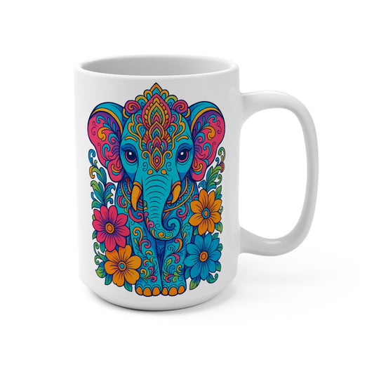 Psychedelic Elephant Mug – Trippy Colorful Coffee Cup With Flowers, Spiritual Animal Artwork, Gift for Yoga Lovers, Boho Hippie Drinkware