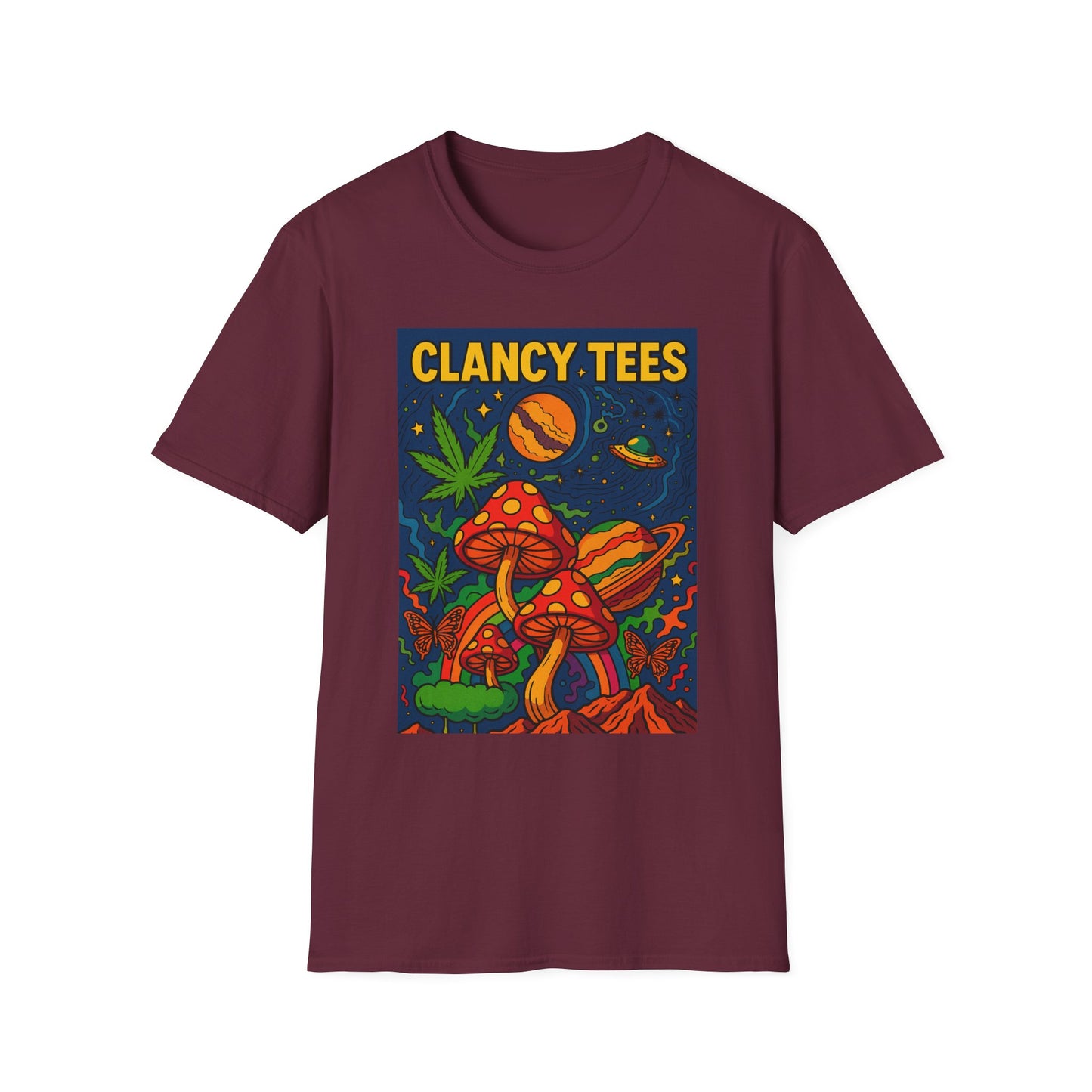 Trippy Mushroom Graphic T Shirt Psychedelic Space Art Tee Cosmic Fungi Illustration Unisex Softstyle Gift for Stoner Friends Gift for Psychedelic Fans