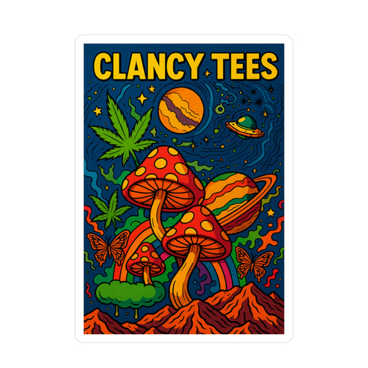 ClancyTees Psychedelic Mushroom Sticker – Kiss Cut Vinyl Decal, Trippy Space Artwork, Bold Retro Aesthetic, Gift for Stoner Friends