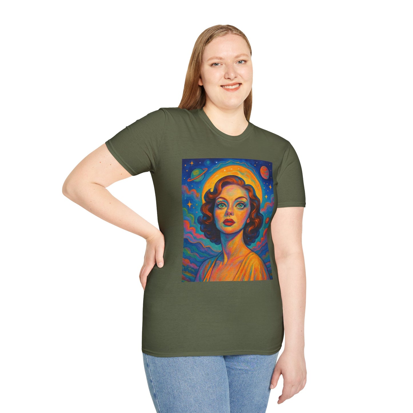 Retro Space Girl T Shirt Vintage Sci Fi Beauty Psychedelic Pop Art Galaxy Babe Tee Gift for Star Gazers Cosmic Fashion Astronaut Dreamwear