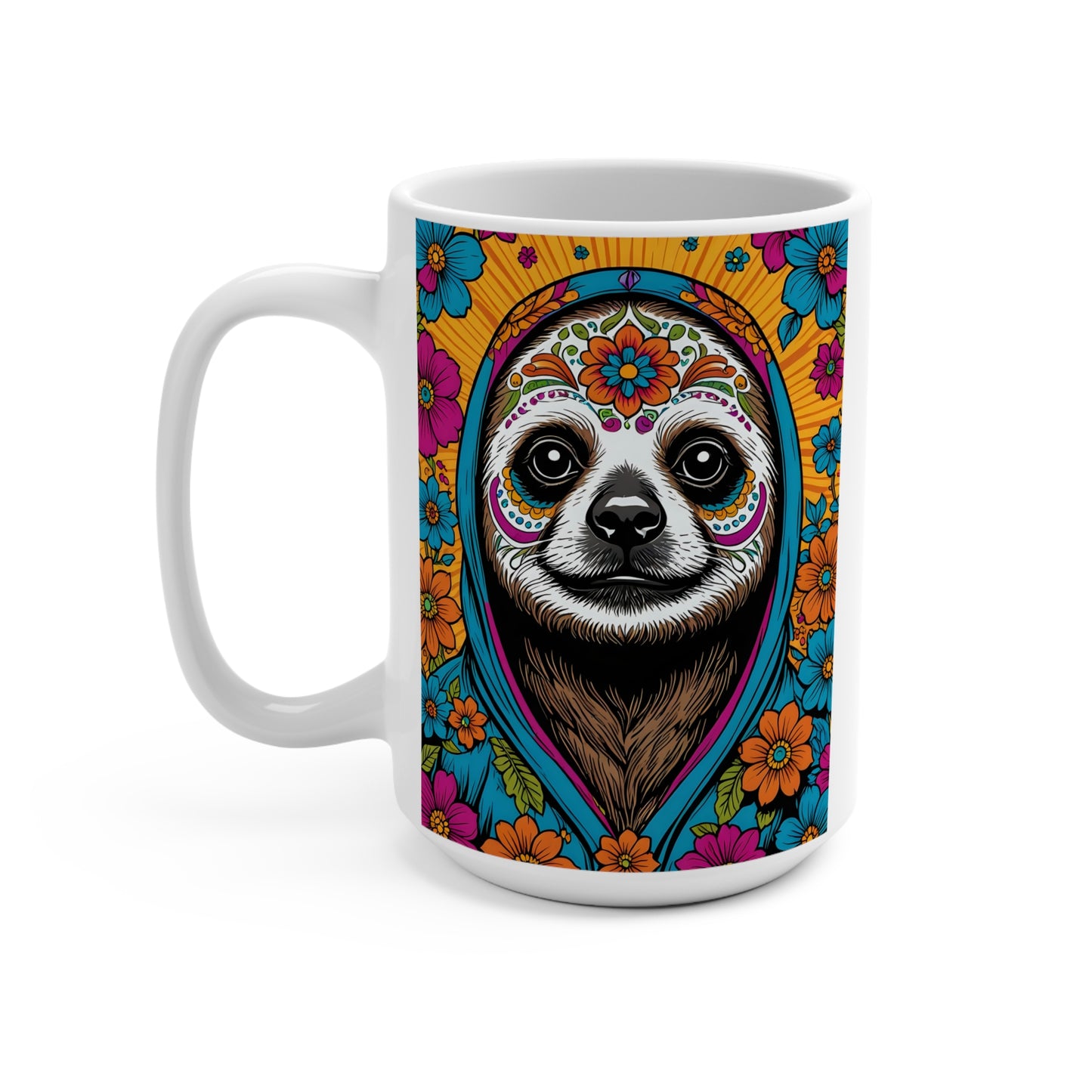 Colorful Sloth Mug, Boho Style Coffee Cup, Nature Lover Gift, Unique Ceramic Drinkware, Fun Animal Mug