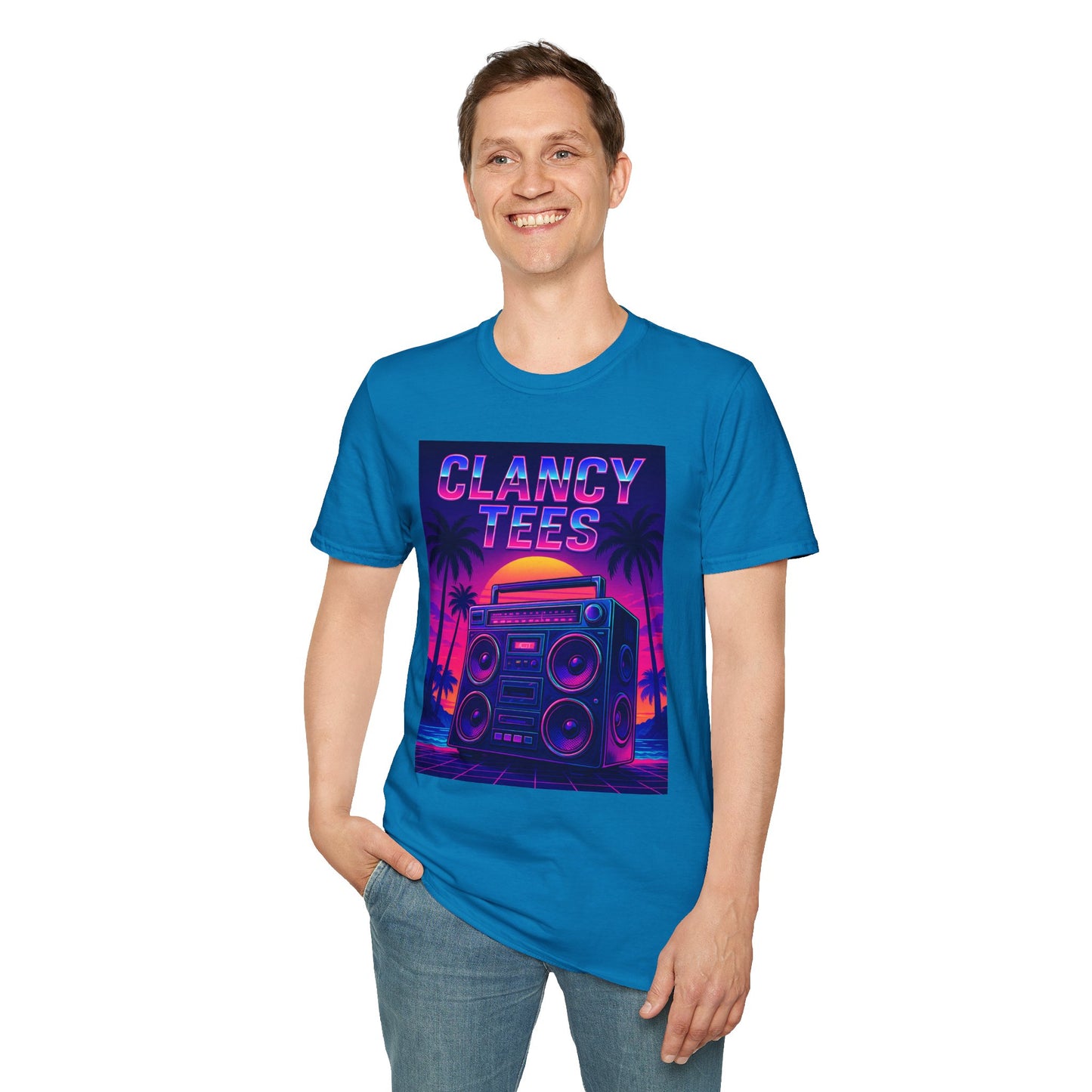 Retro Boombox Sunset Tee – Vaporwave Clancy Tees Shirt – Gift for 80s Kids, Music Lovers, Synthwave Fans & Nostalgic Neon Dreamers