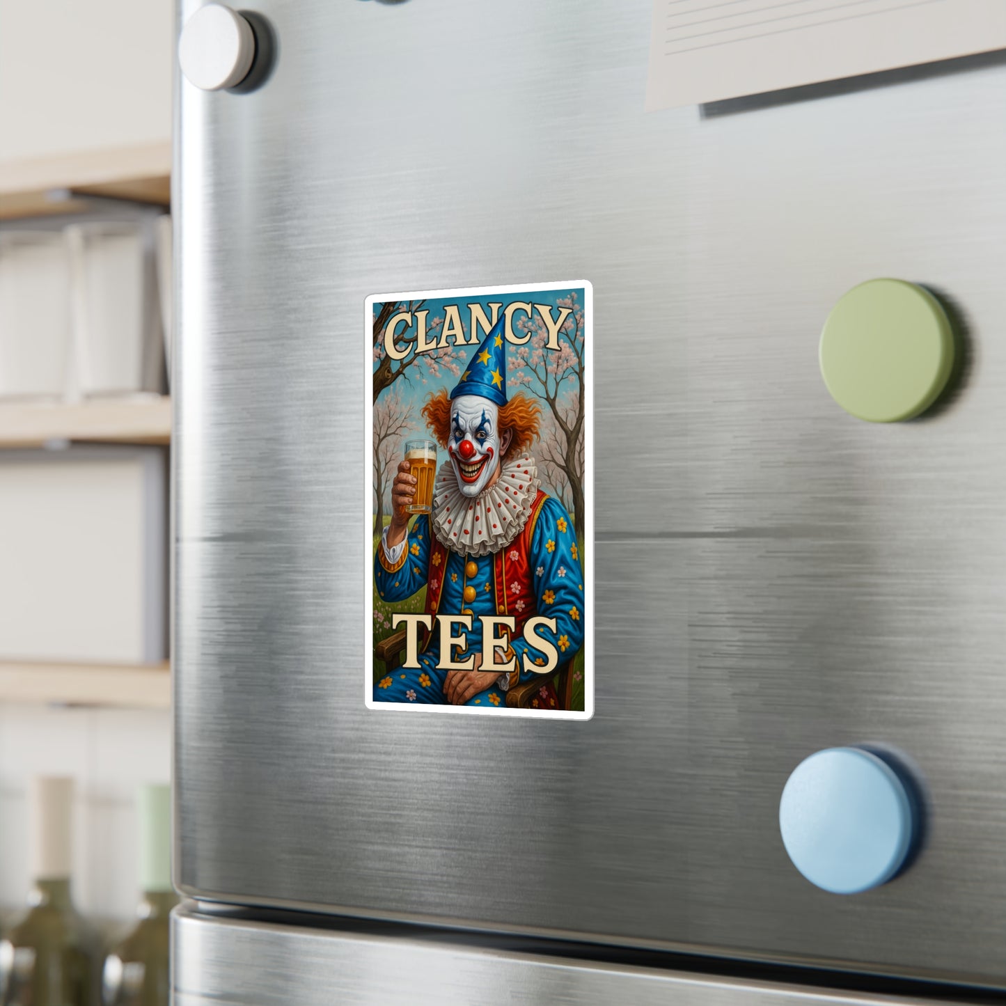 ClancyTees Drunk Clown Sticker – Kiss Cut Vinyl Decal, Funny Creepy Artwork, Circus Aesthetic, Gift for Dark Humor Fans