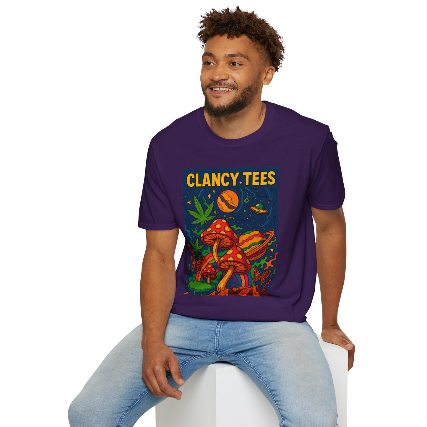 Trippy Mushroom Graphic T Shirt Psychedelic Space Art Tee Cosmic Fungi Illustration Unisex Softstyle Gift for Stoner Friends Gift for Psychedelic Fans