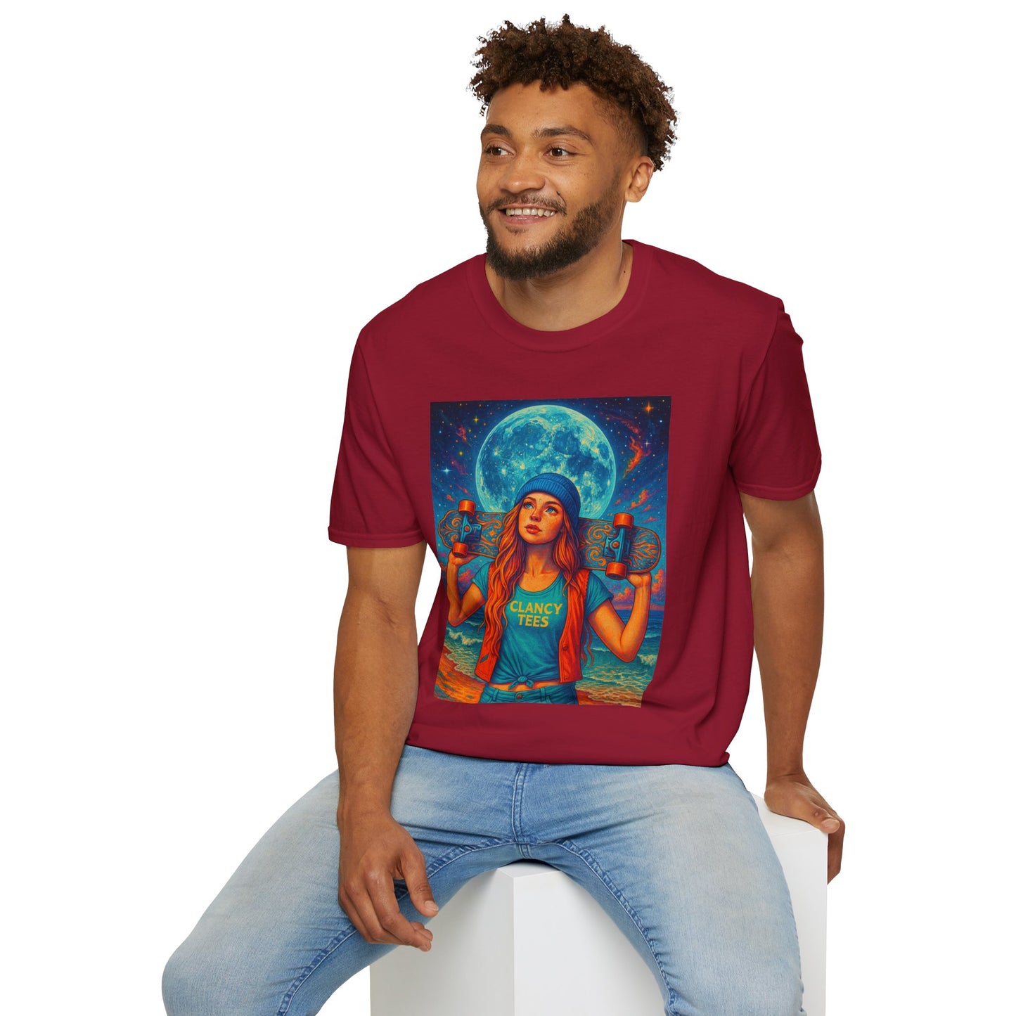 Bohemian Skater Girl Graphic Tee, Unisex T-Shirt with Moon & Nature Design, Perfect for Festivals, Gift for Nature Lovers, Summer Vibes, Casual Wear