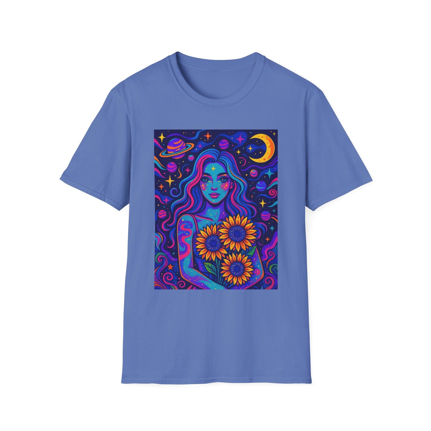 Psychedelic Sunflower Girl Shirt Trippy Space Goddess Tee Gift for Astrology Lovers Cosmic Art T Shirt for Hippies Star Gazers and Moon Magic Fans