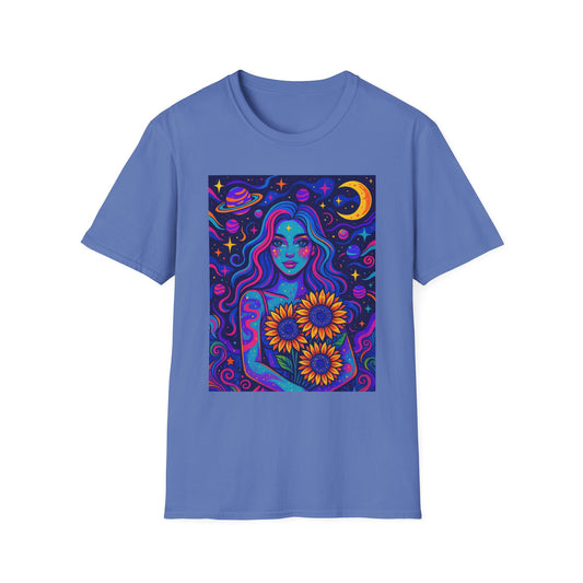 Psychedelic Sunflower Girl Shirt Trippy Space Goddess Tee Gift for Astrology Lovers Cosmic Art T Shirt for Hippies Star Gazers and Moon Magic Fans