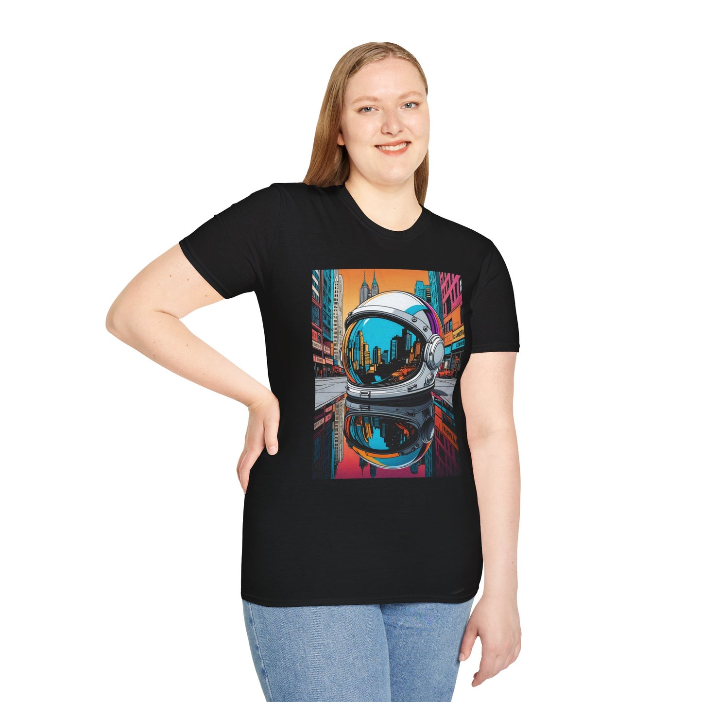 City Astronaut Reflection T-Shirt – Urban Space Art Tee – Gift for Sci-Fi Fans, Streetwear Addicts, and Cosmic Daydreamers