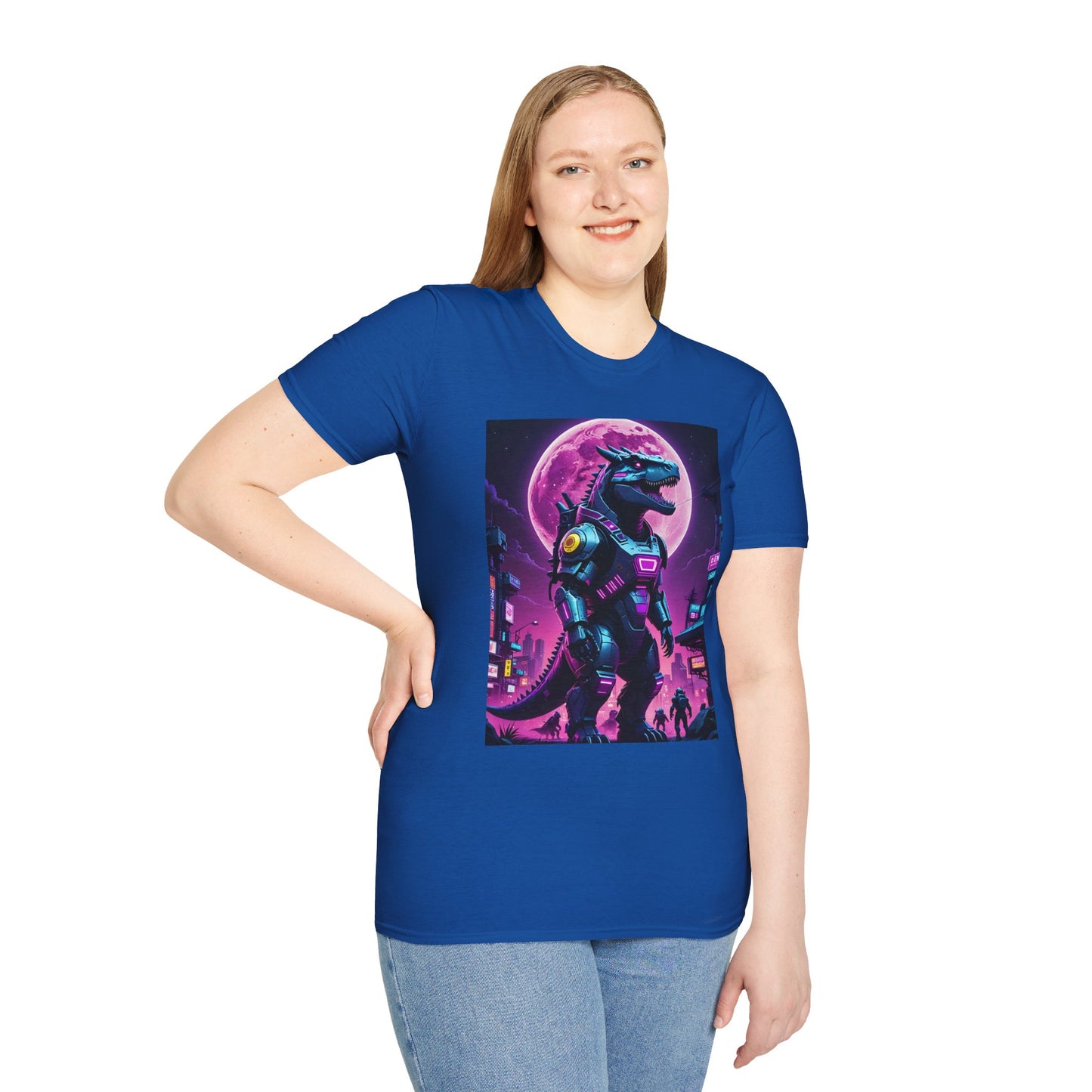 Cyberpunk Dinosaur T Shirt Neon Retro Graphic Tee Futuristic Monster Artwork Top Gift for Sci Fi Fans