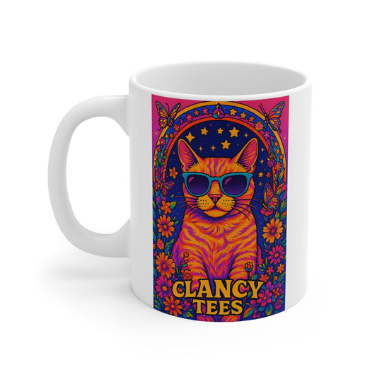Psychedelic Cat Coffee Mug 11oz Ceramic Cup Colorful Kitty Artwork Trippy Drinkware Vibrant Retro Design With Sunglasses For Coffee Tea And More