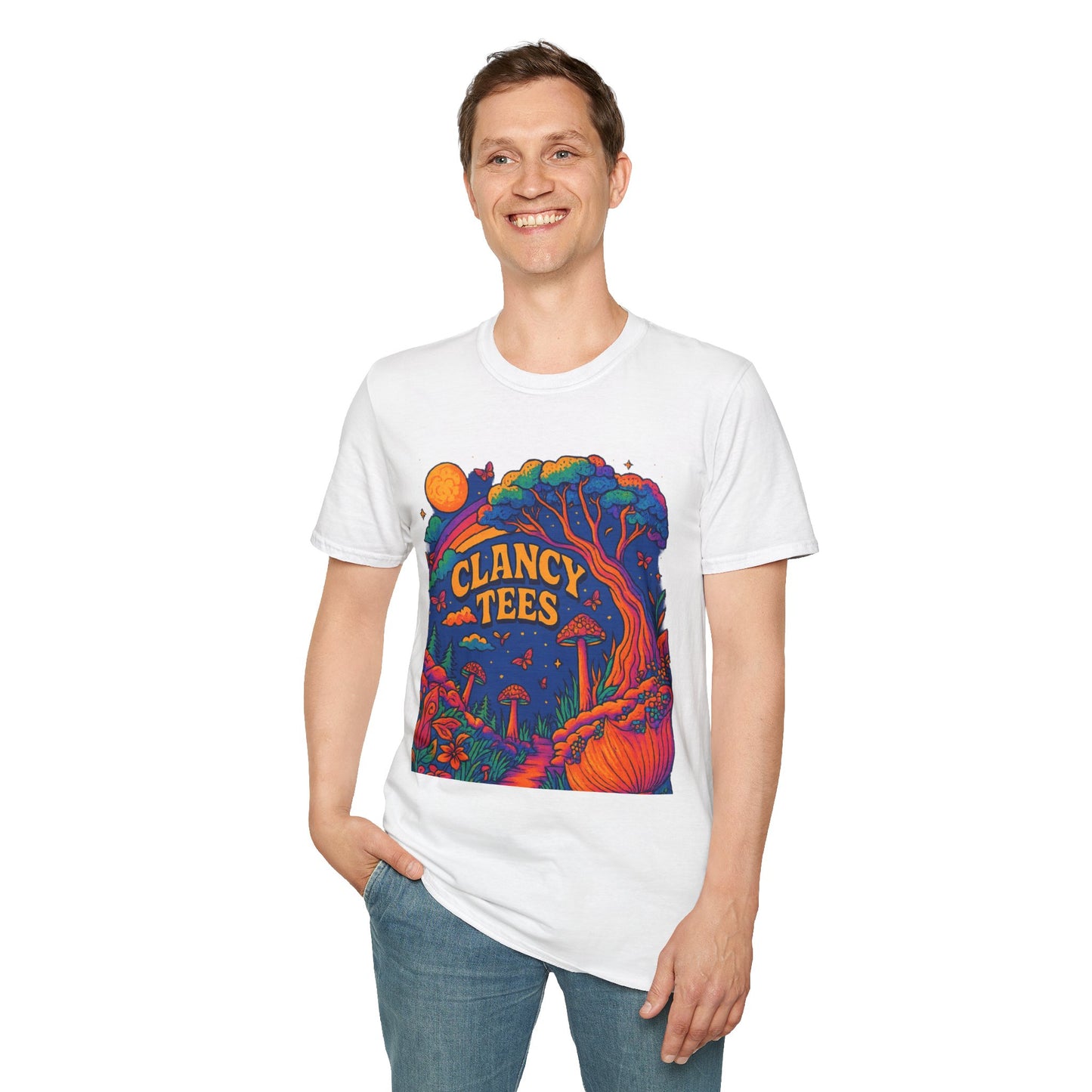 Colorful Nature-Themed Unisex Softstyle T-Shirt - Bohemian Vibe, Perfect for Festivals, Gift for Nature Lovers, Casual Wear, Clancy Tees