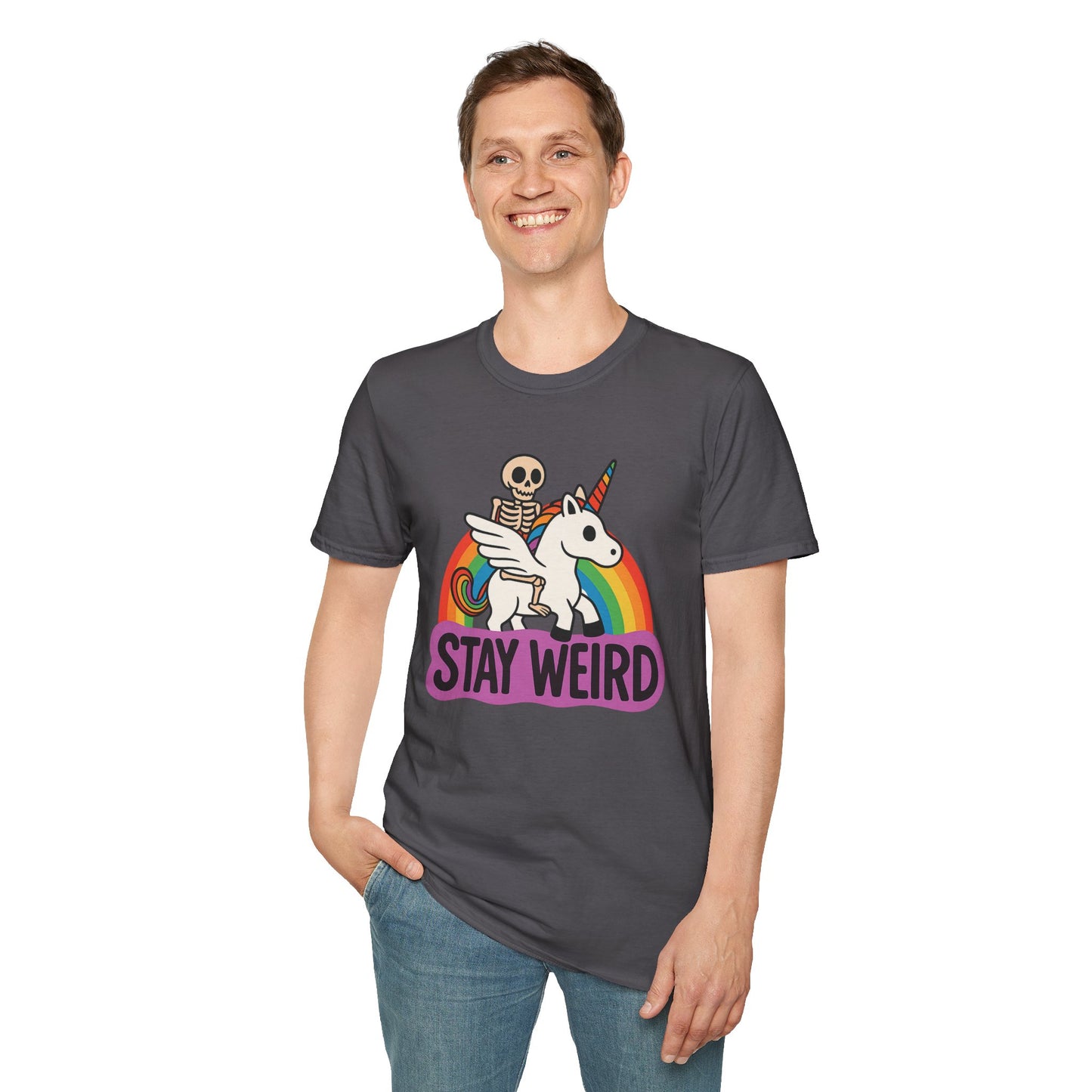 Stay Weird Skeleton Unicorn Shirt – Funny Rainbow Graphic Tee – Whimsical Weirdcore Clothing – Gift for Quirky Friends and Oddball Souls
