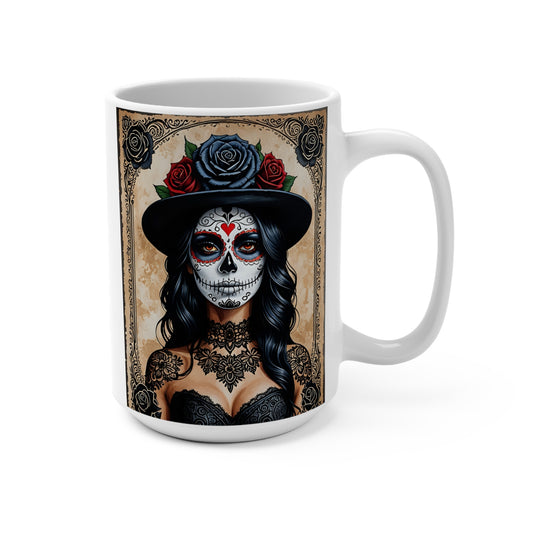 Gothic Day Of The Dead Mug – Sugar Skull Woman Coffee Cup With Roses And Hat, Dia De Los Muertos Artwork, Gift For Dark Art Fans