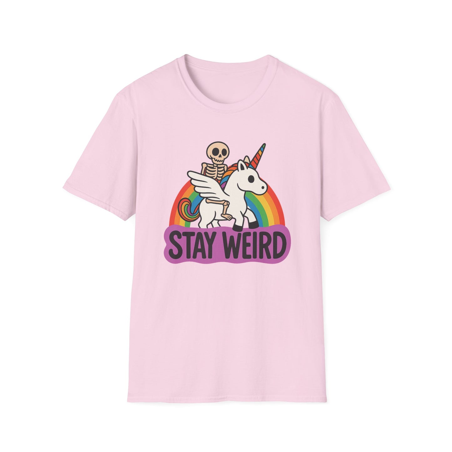 Stay Weird Skeleton Unicorn Shirt – Funny Rainbow Graphic Tee – Whimsical Weirdcore Clothing – Gift for Quirky Friends and Oddball Souls