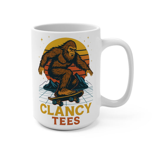 Skateboarding Bigfoot Coffee Mug Funny 15oz Ceramic Cup Retro Cryptid Gift For Sasquatch Fans Bold Humor Morning Drinkware Unique ClancyTees Design
