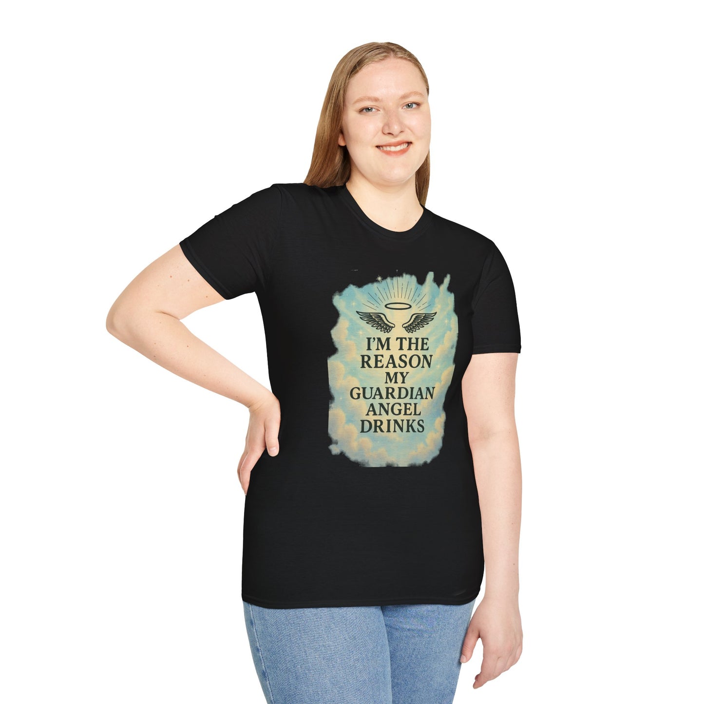 Unisex Softstyle T-Shirt, Funny Guardian Angel Tee, Unique Gift for Friends, Humor Shirt, Casual Wear, Perfect for Holidays