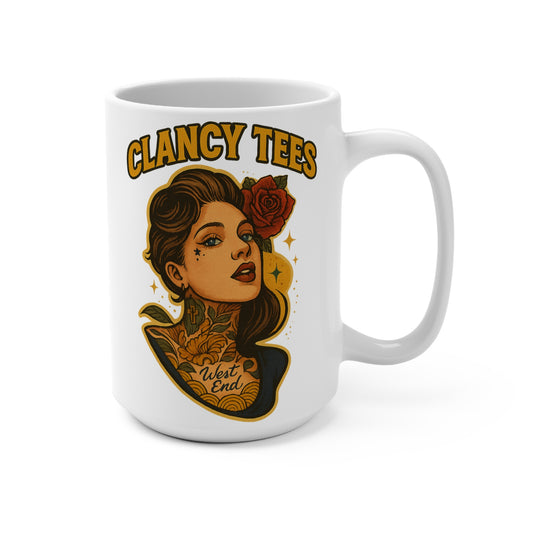 West End Chicano Rose Tattoo Mug – Bold 15oz Ceramic Coffee Cup, Chicana Artwork Drinkware, Vintage Tattoo Inspired Floral Portrait Gift
