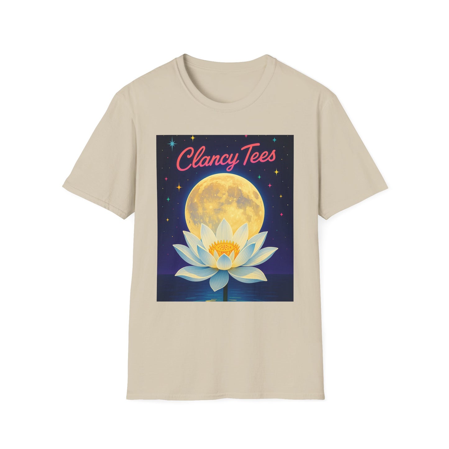 Moon Lotus Clancy Tees Shirt – Ethereal Floral T-Shirt with Full Moon Art – Gift for Nature Lovers, Yogis, Dreamers & Spiritual Aesthetic Fans