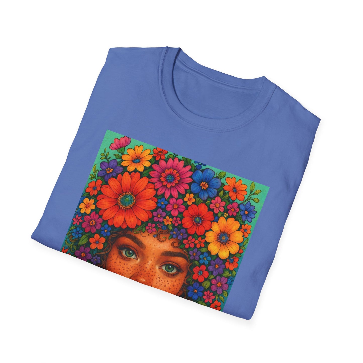 Flower Crown Woman T-Shirt – Afro Boho Floral Portrait Tee – Vibrant Art Shirt Gift for Nature Lovers, Hippies, Artists, and Bold Aesthetic Queens
