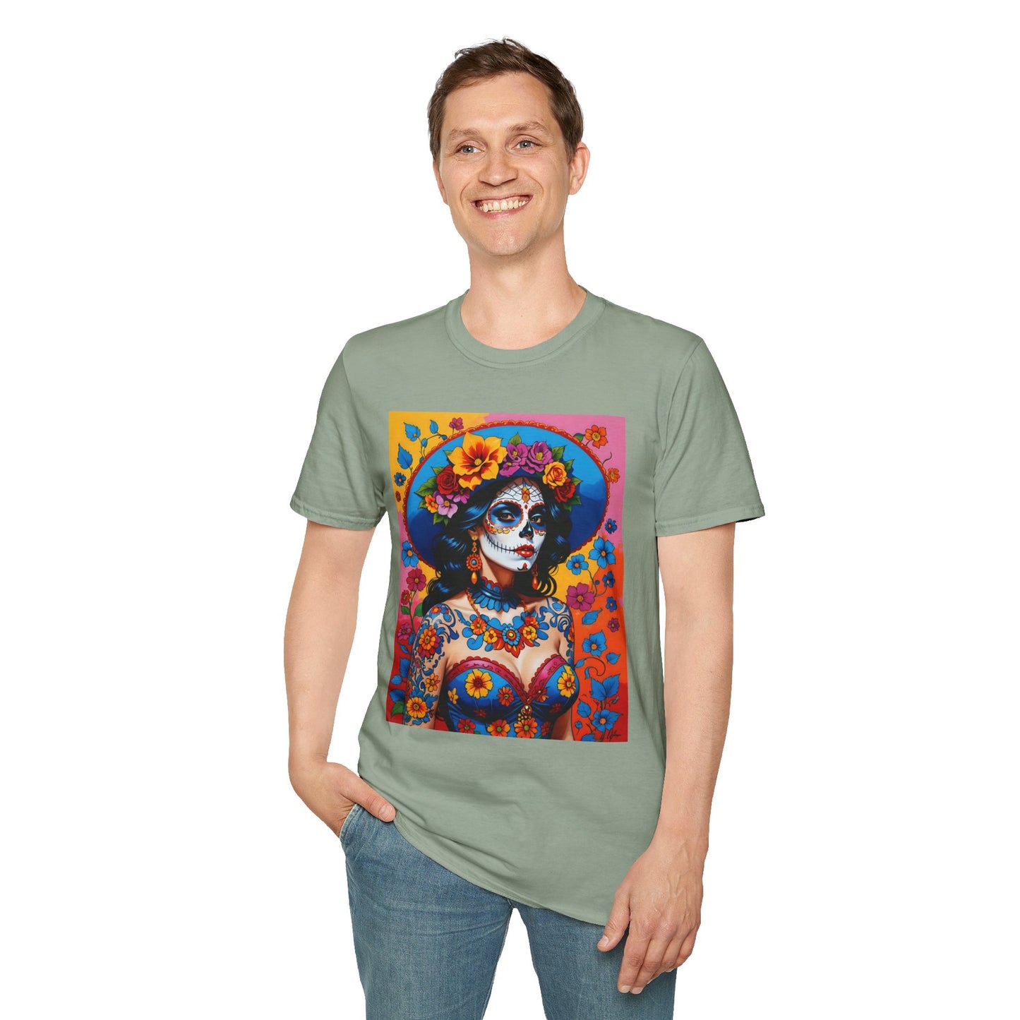 Sugar Skull T-Shirt – Día de los Muertos Art Tee – Gift for Goth Aesthetic Fans, Colorful Skull Lovers, and Tattoo-Inspired Fashion