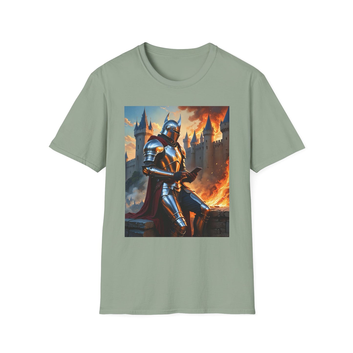 Knight in Burning Castle Shirt – Dark Fantasy Armor Tee – Gift for RPG Fans, Medieval Nerds, and Apocalyptic History Buffs