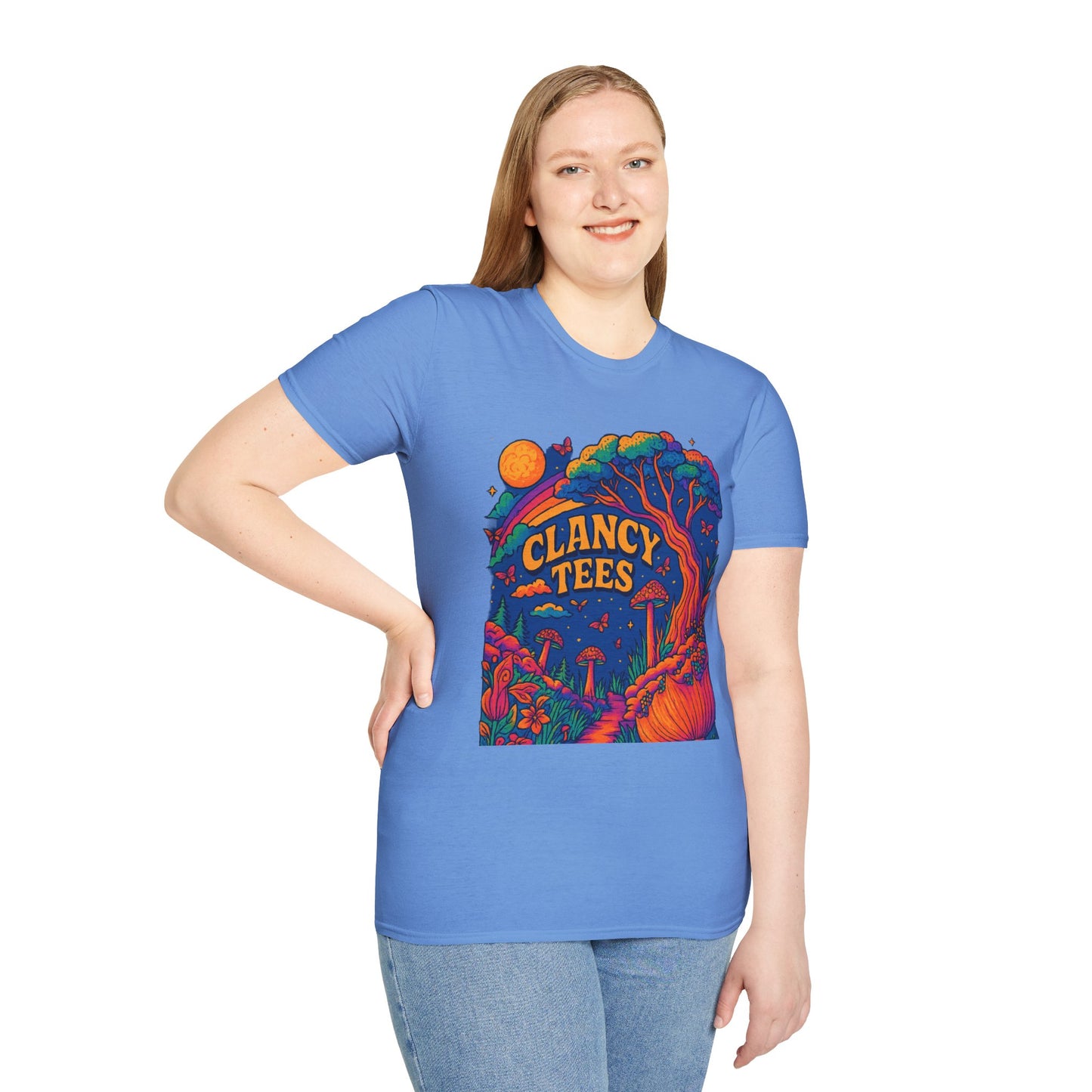 Colorful Nature-Themed Unisex Softstyle T-Shirt - Bohemian Vibe, Perfect for Festivals, Gift for Nature Lovers, Casual Wear, Clancy Tees