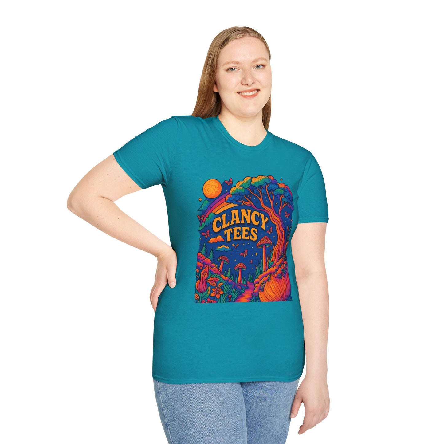 Colorful Nature-Themed Unisex Softstyle T-Shirt - Bohemian Vibe, Perfect for Festivals, Gift for Nature Lovers, Casual Wear, Clancy Tees