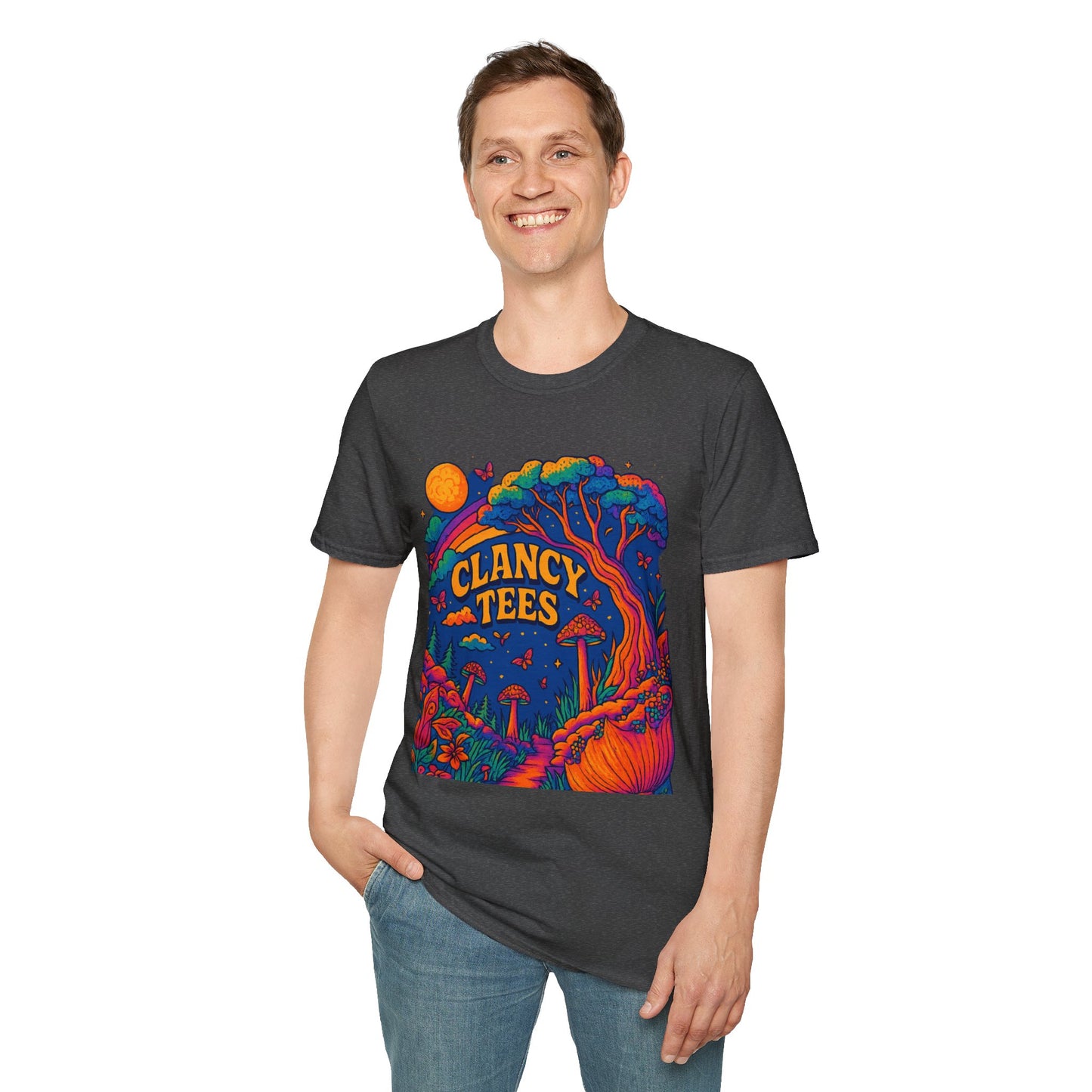 Colorful Nature-Themed Unisex Softstyle T-Shirt - Bohemian Vibe, Perfect for Festivals, Gift for Nature Lovers, Casual Wear, Clancy Tees