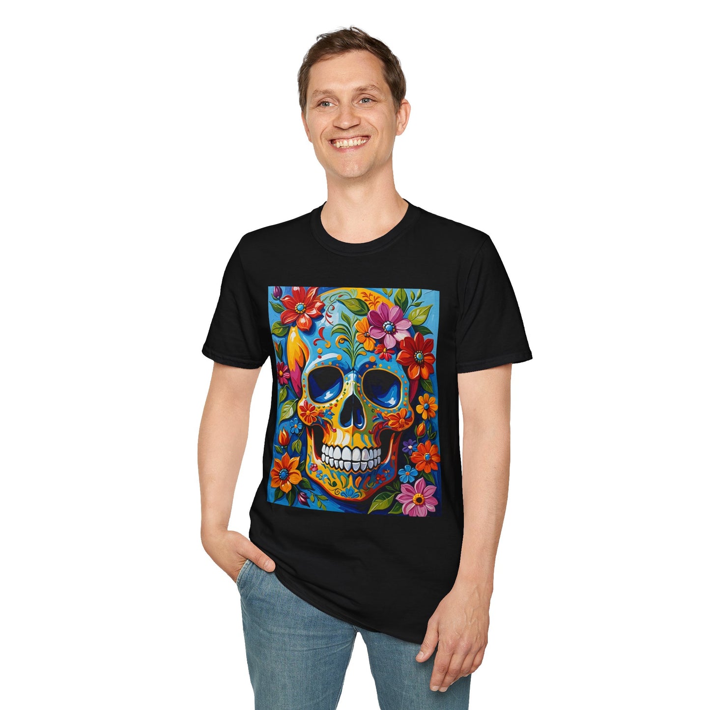 Floral Sugar Skull Shirt – Colorful Skull with Flowers Tee – Gift for Art Lovers, Halloween Fans, and Bold Statement Outfit Seekers