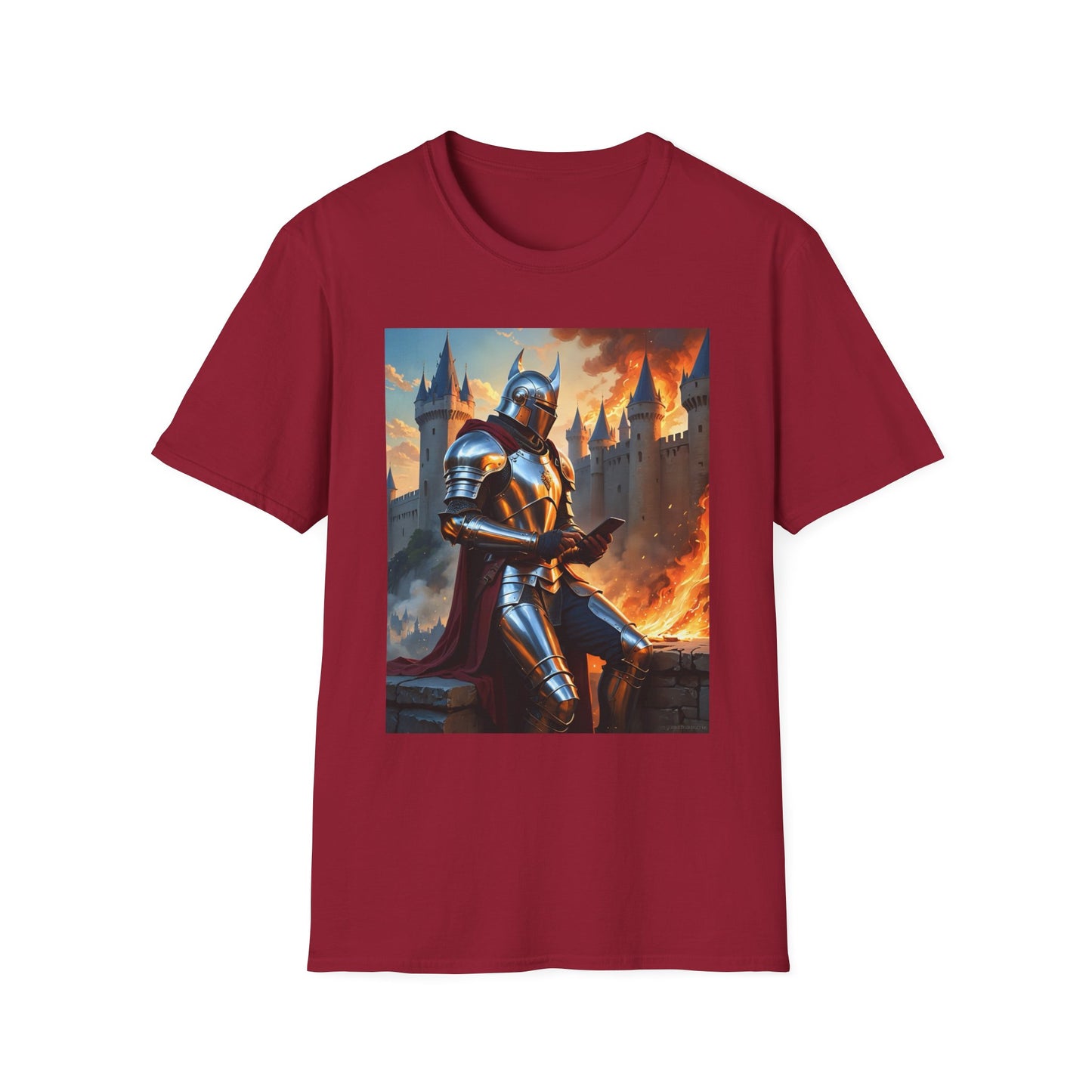 Knight in Burning Castle Shirt – Dark Fantasy Armor Tee – Gift for RPG Fans, Medieval Nerds, and Apocalyptic History Buffs