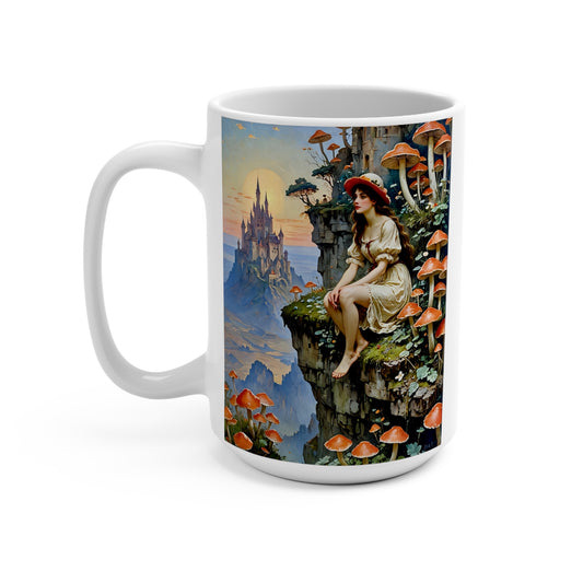 Fantasy Mushroom Princess Ceramic Mug 15oz Cottagecore Coffee Cup Fairy Tale Castle Art Gift For Dreamers