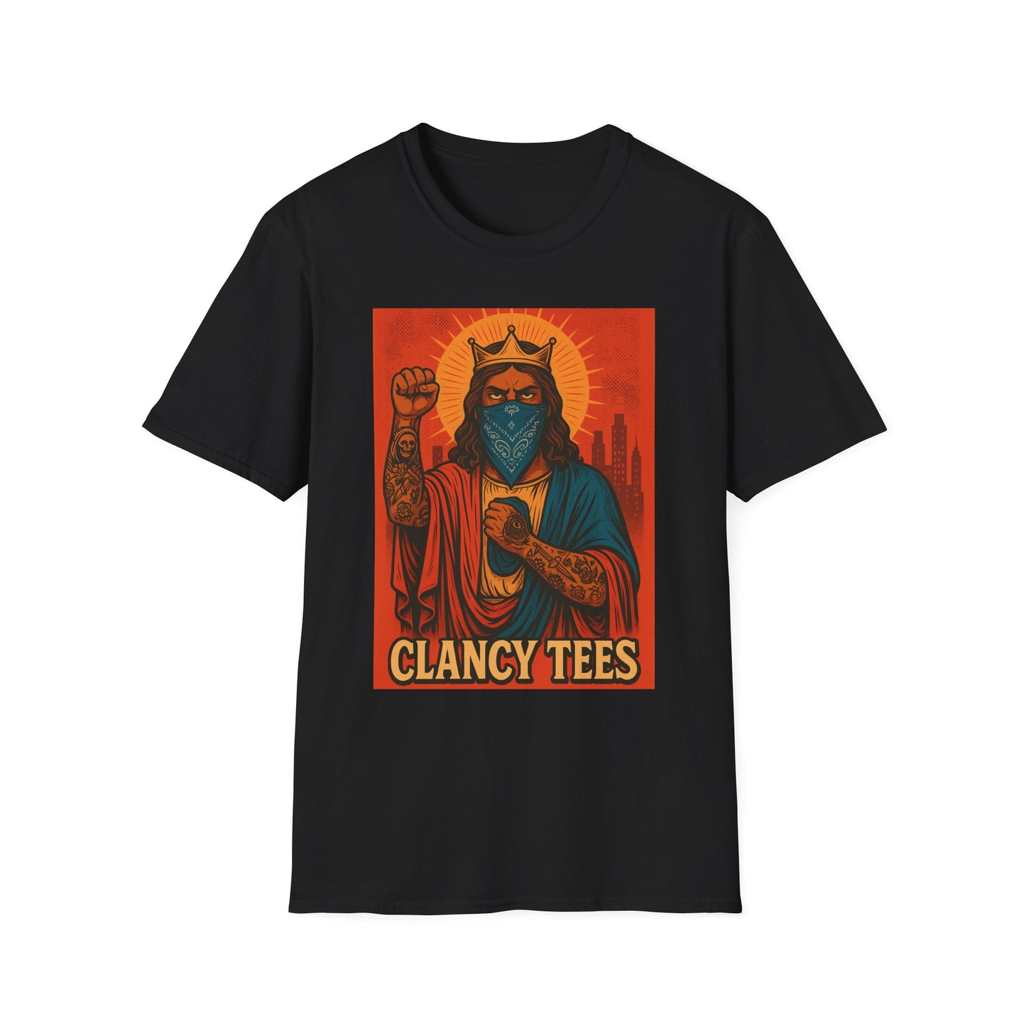 Tattooed Jesus Street Art Shirt – Clancy Tees | Urban Messiah Graphic Tee | Bold Religious Satire Shirt | King of the Block Tee