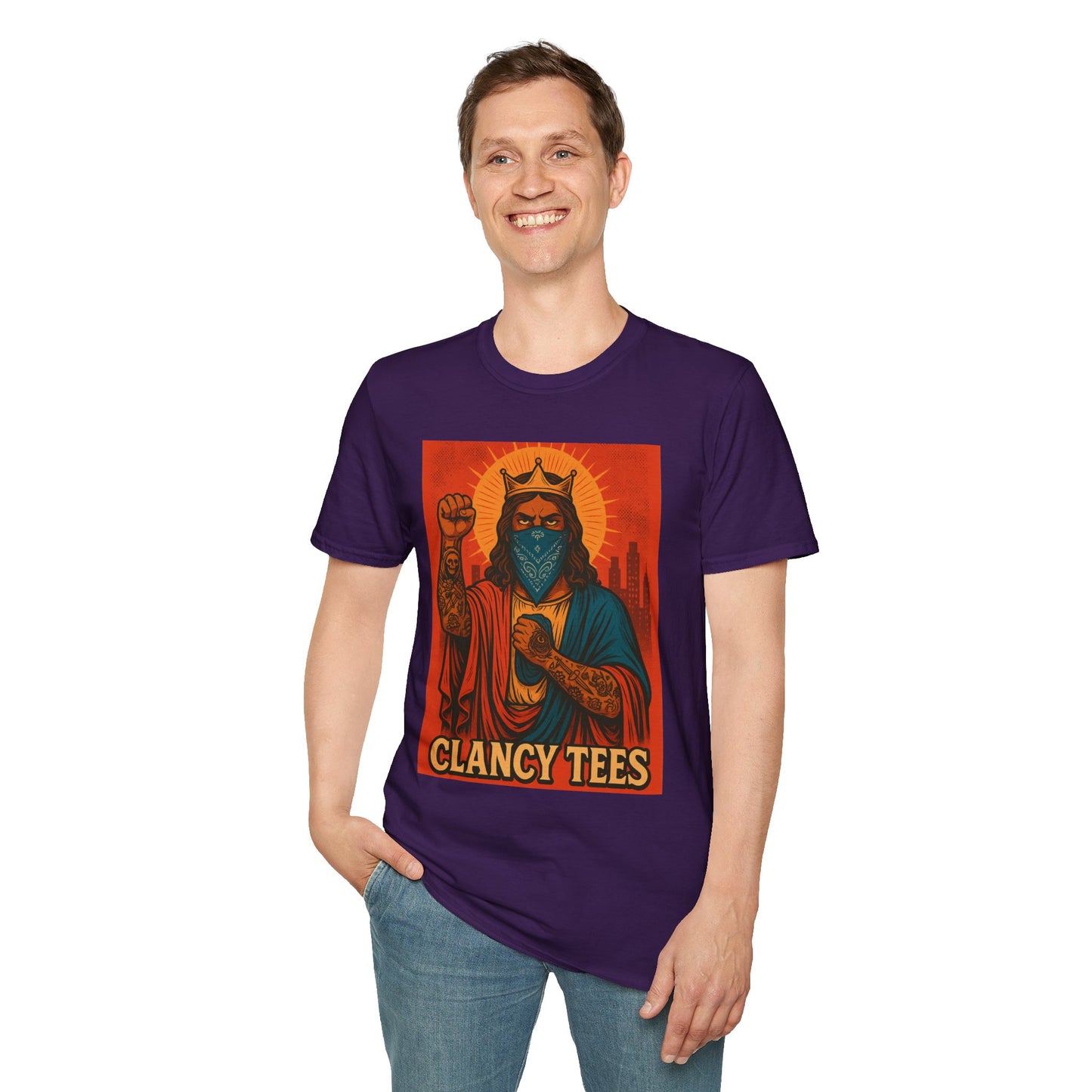 Tattooed Jesus Street Art Shirt – Clancy Tees | Urban Messiah Graphic Tee | Bold Religious Satire Shirt | King of the Block Tee