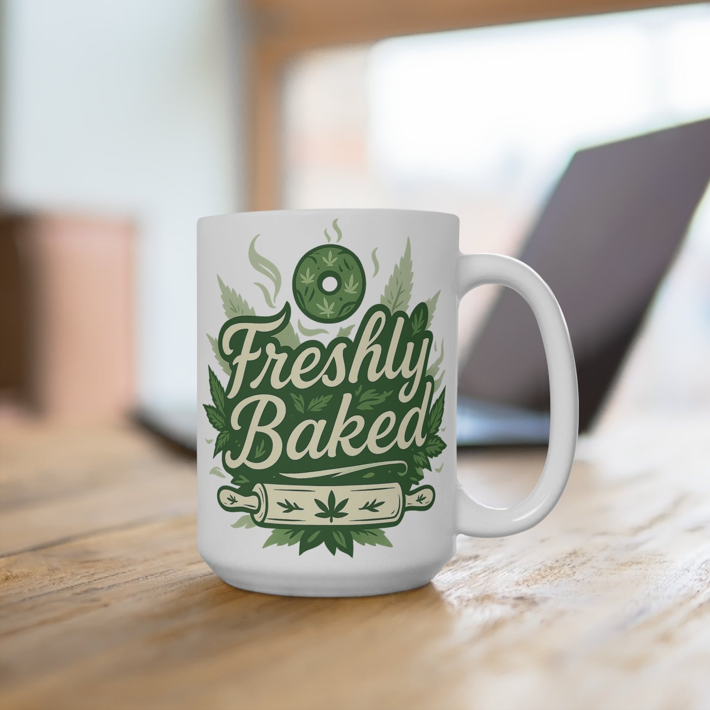 Freshly Baked Mug – Funny Weed Coffee Cup With Cannabis Donut Design, Marijuana Humor Mug, Gift For Stoner Friends