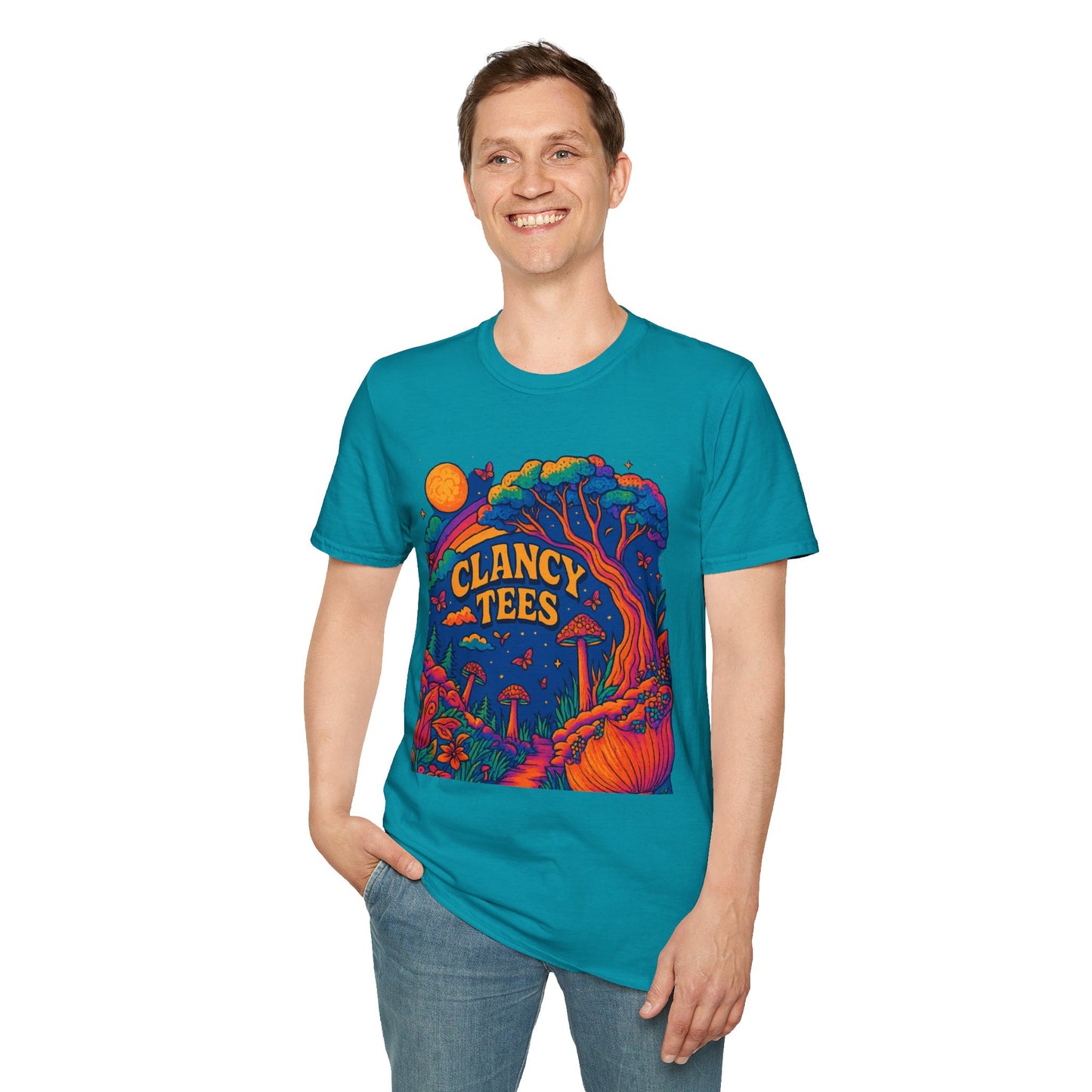 Colorful Nature-Themed Unisex Softstyle T-Shirt - Bohemian Vibe, Perfect for Festivals, Gift for Nature Lovers, Casual Wear, Clancy Tees