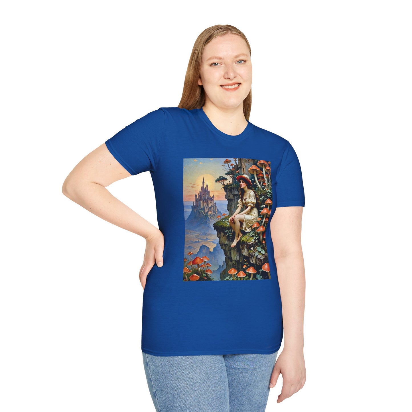 Fantasy Mushroom Fairy T-Shirt Enchanted Castle Cliffside Tee Surreal Magic Art Shirt Gift for Fantasy Fans Gift for Dreamers Psychedelic Nature Tee