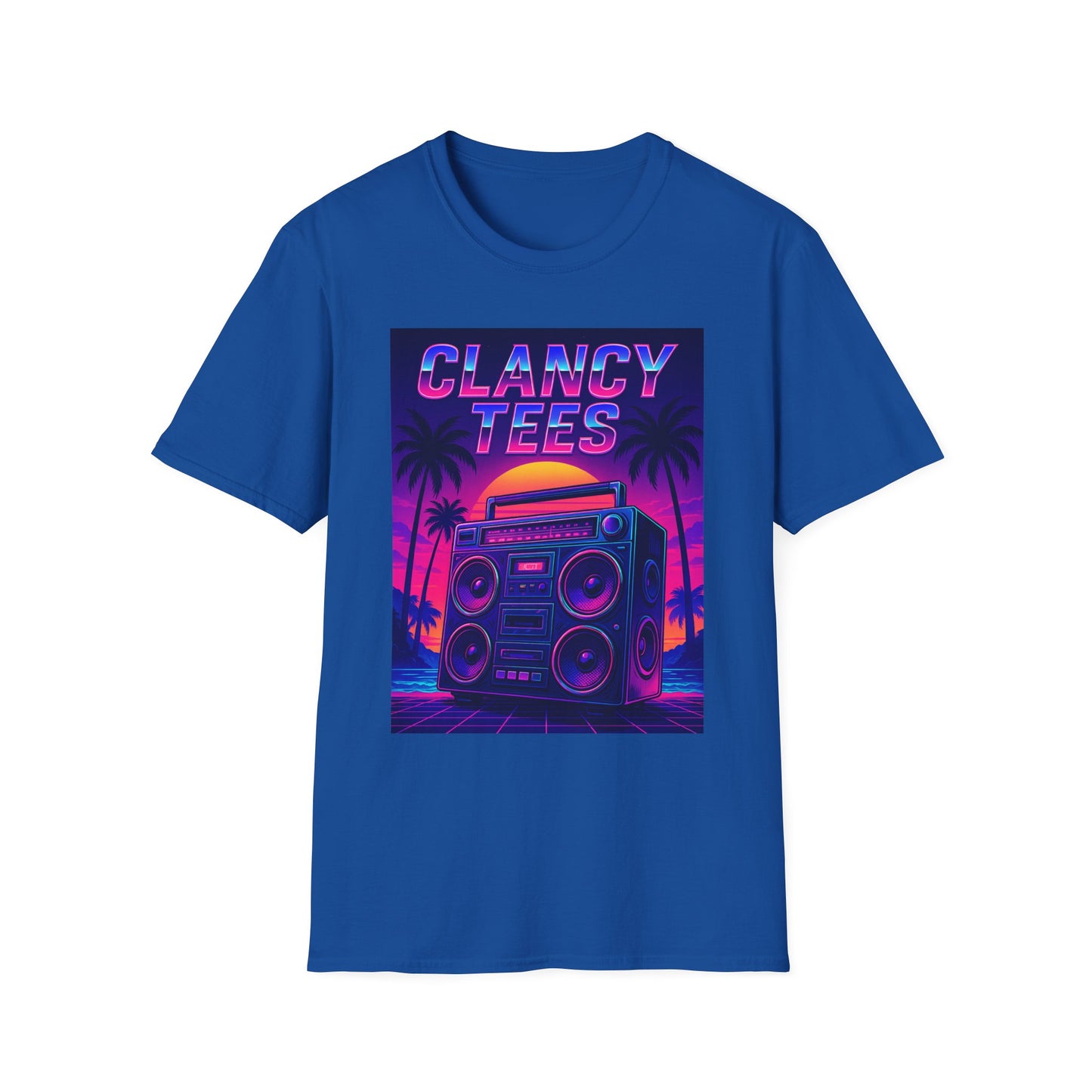 Retro Boombox Sunset Tee – Vaporwave Clancy Tees Shirt – Gift for 80s Kids, Music Lovers, Synthwave Fans & Nostalgic Neon Dreamers