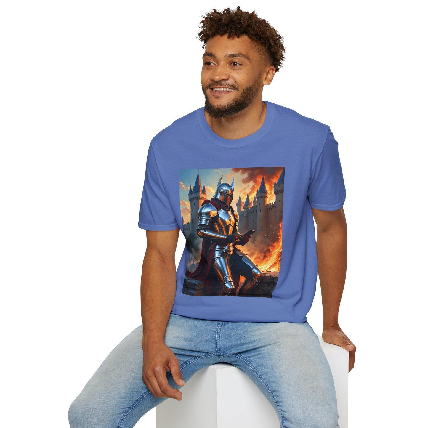 Knight in Burning Castle Shirt – Dark Fantasy Armor Tee – Gift for RPG Fans, Medieval Nerds, and Apocalyptic History Buffs