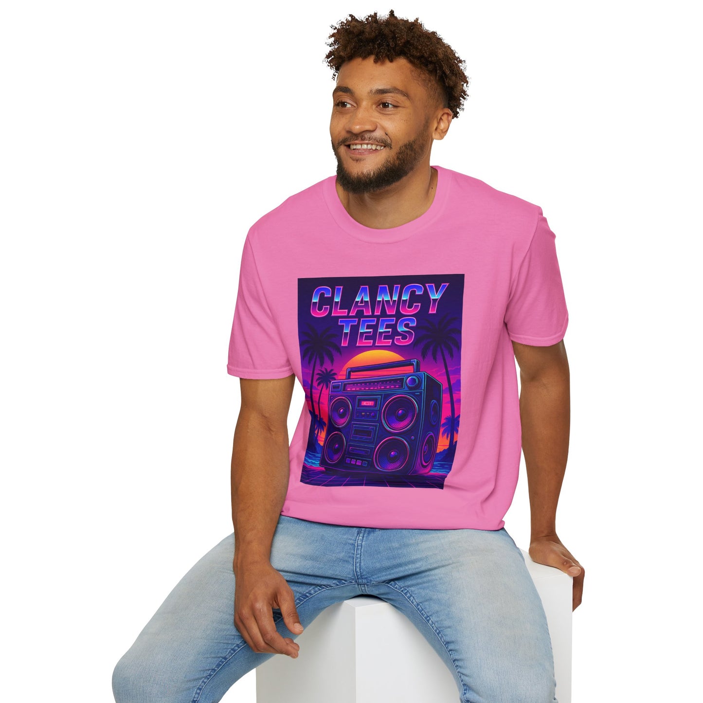 Retro Boombox Sunset Tee – Vaporwave Clancy Tees Shirt – Gift for 80s Kids, Music Lovers, Synthwave Fans & Nostalgic Neon Dreamers