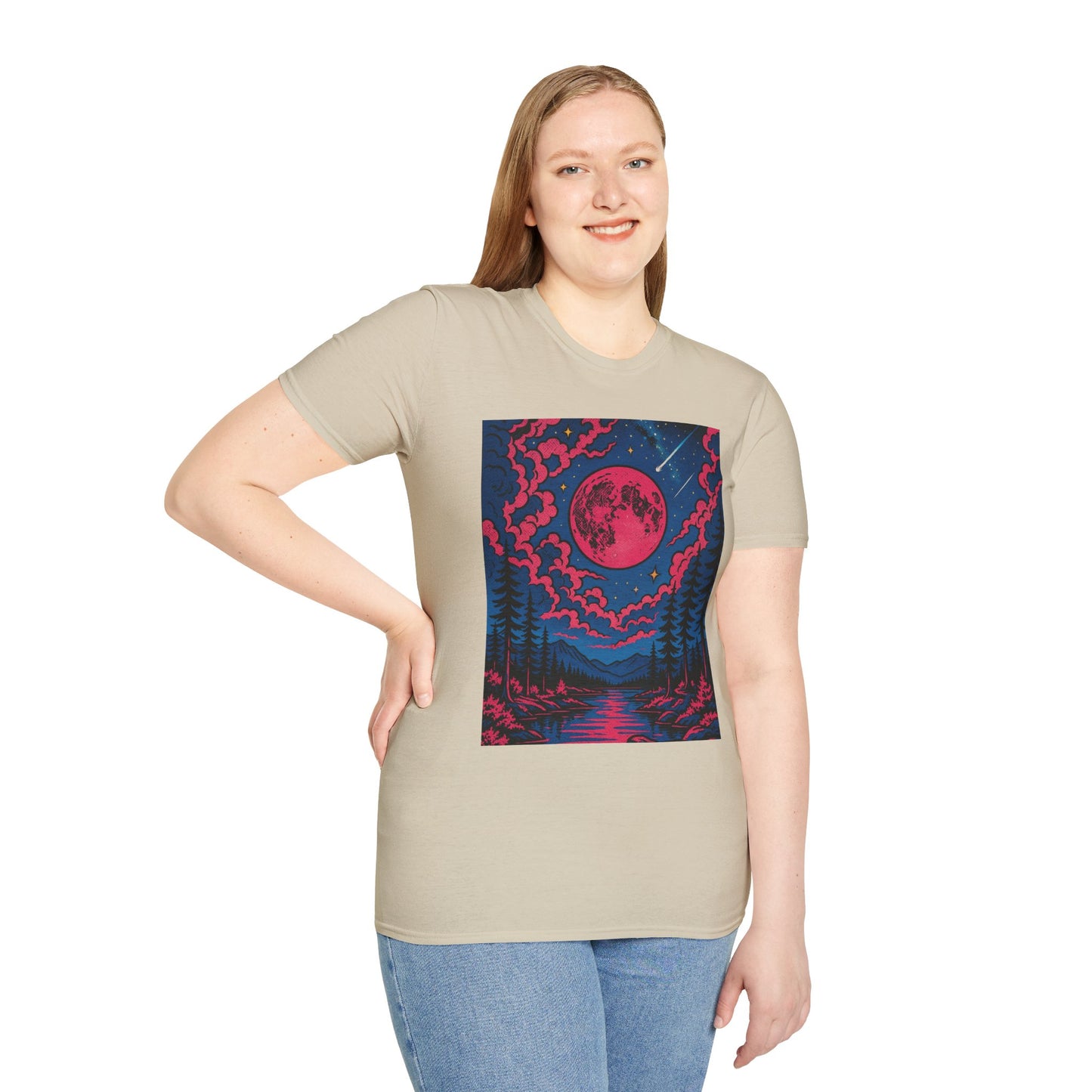 Trippy Red Moon Forest T-Shirt – Surreal Nature Graphic Tee • Psychedelic Night Sky Shirt • Gildan Softstyle® Unisex • Gift for Nature Lovers
