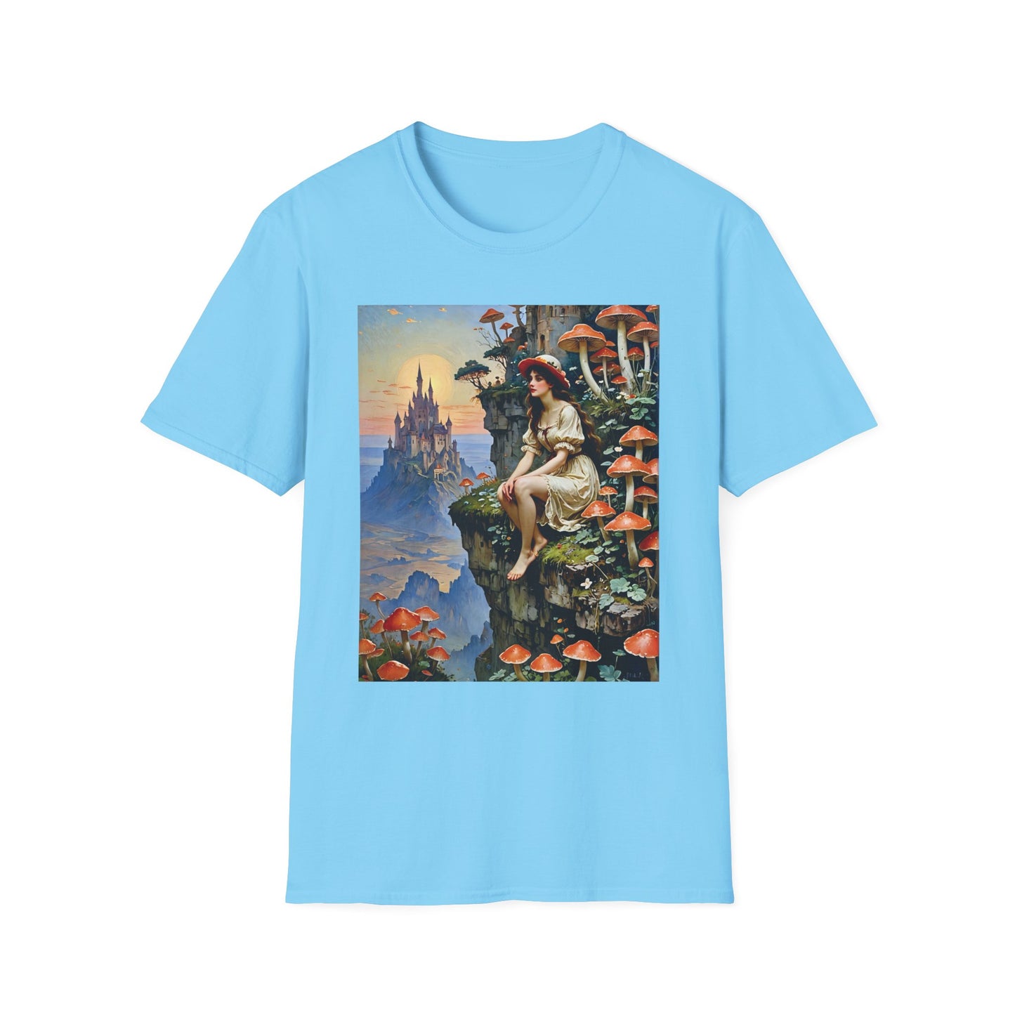 Fantasy Mushroom Fairy T-Shirt Enchanted Castle Cliffside Tee Surreal Magic Art Shirt Gift for Fantasy Fans Gift for Dreamers Psychedelic Nature Tee