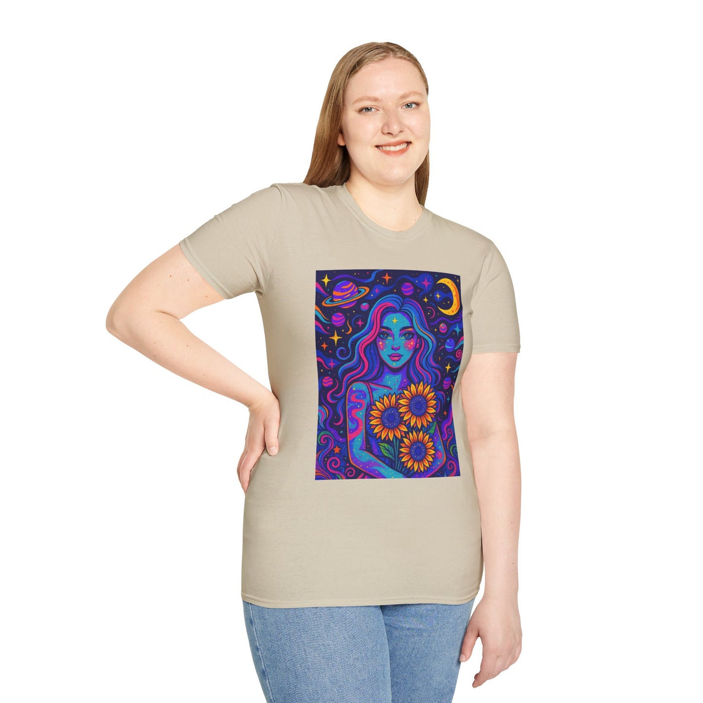 Psychedelic Sunflower Girl Shirt Trippy Space Goddess Tee Gift for Astrology Lovers Cosmic Art T Shirt for Hippies Star Gazers and Moon Magic Fans