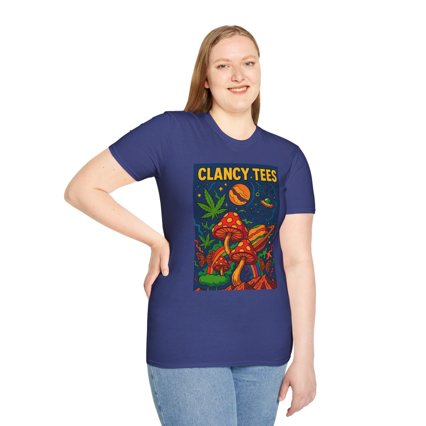 Trippy Mushroom Graphic T Shirt Psychedelic Space Art Tee Cosmic Fungi Illustration Unisex Softstyle Gift for Stoner Friends Gift for Psychedelic Fans