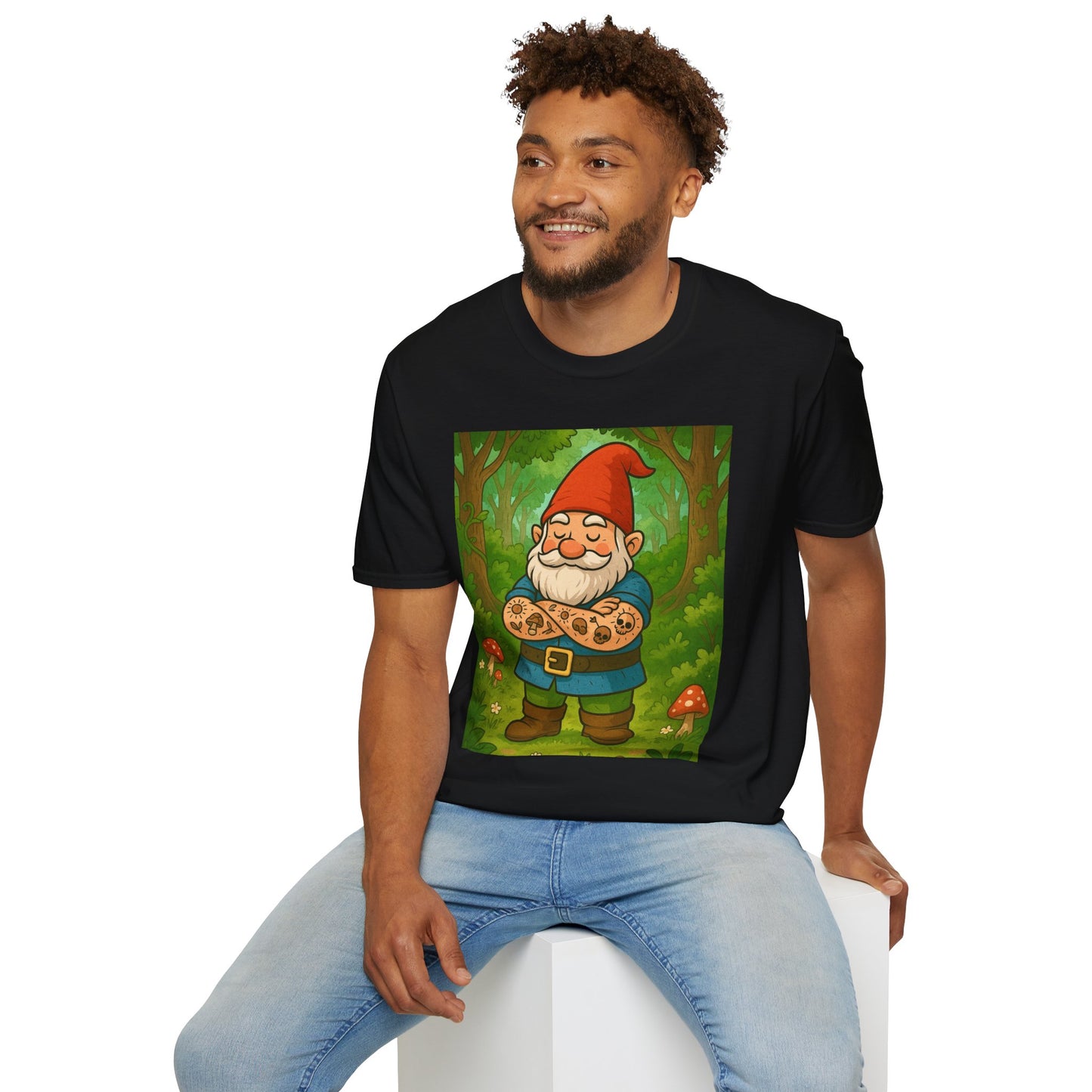 Tattooed Gnome T-Shirt – Funny Forest Inked Gnome Tee – Whimsical Tattoo Garden Shirt Gift for Mushroom Lovers, Gardeners, and Fantasy Fans