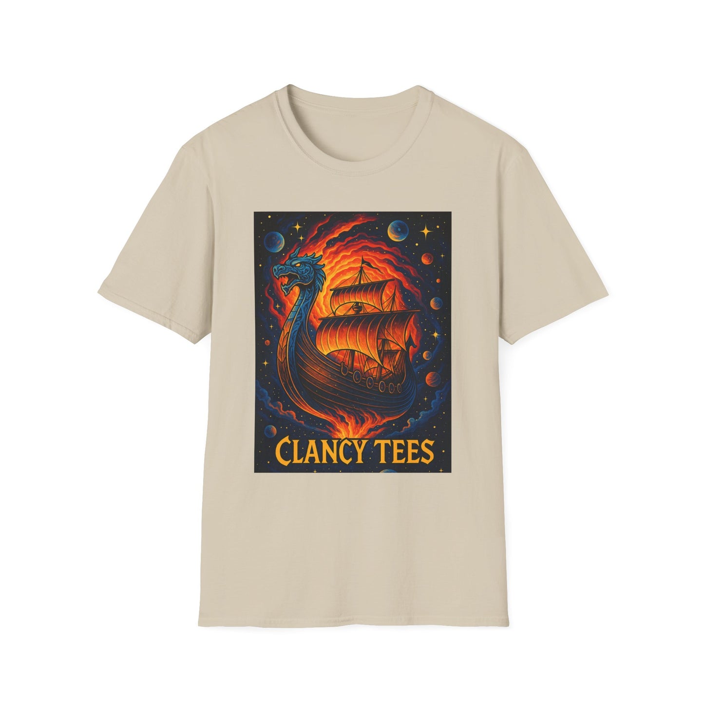 Viking Ship Dragon Shirt – Trippy Norse Mythology Tee with Fiery Cosmic Art – Bold Fantasy Graphic – Gift for Myth Lovers and Warrior Souls